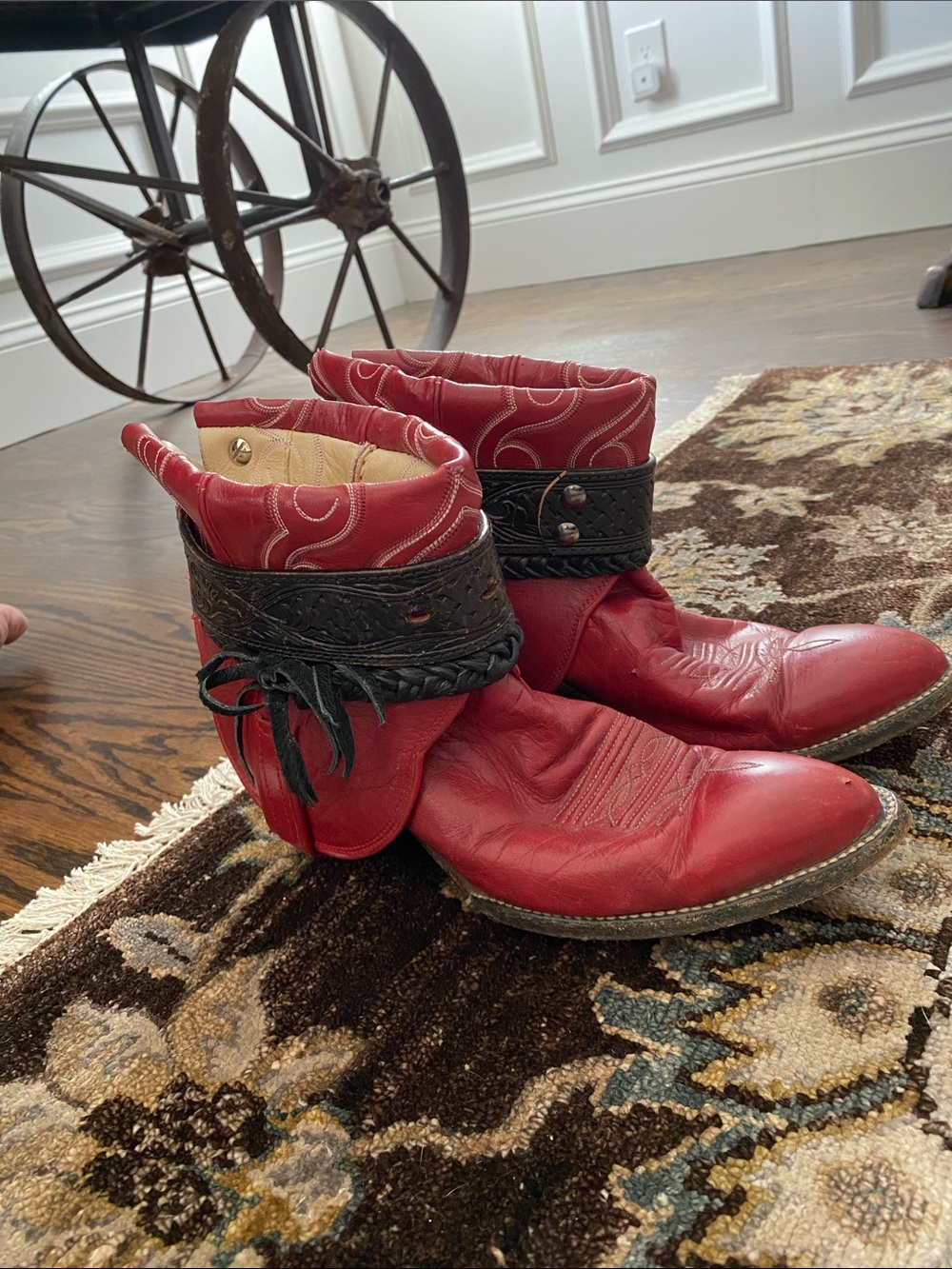 Women's Red Western Ankle Booties with Braided Black Strap - Picture 2 of 4